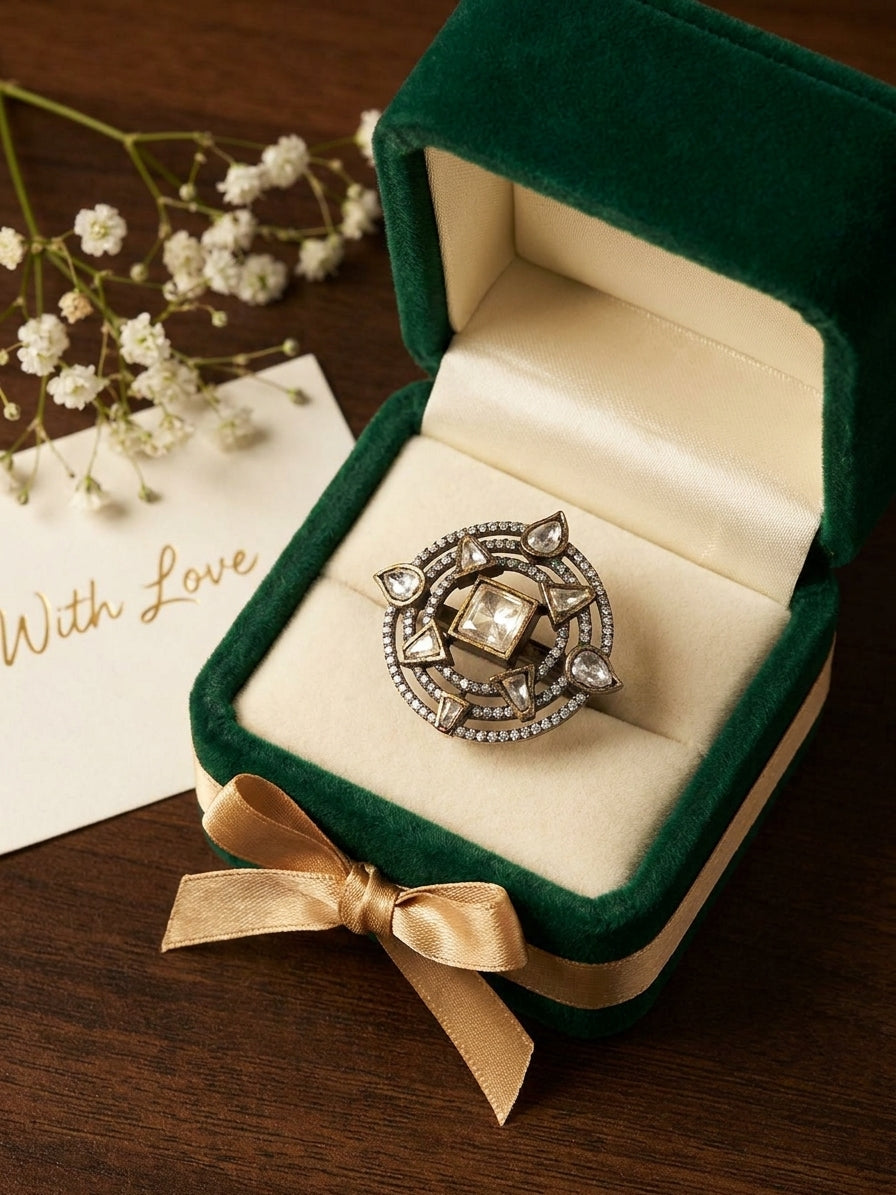 Gold antique polki cocktail ring with square polki centre stone triangular and pear polki compass star and double pave CZ border product shot on white background showing full circular open-work frame and antique gold finish – AureliaBlends
