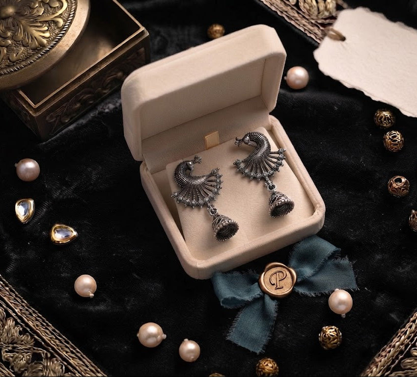 Peacock jhumka earrings in premium wooden jewelry box with blue velvet lining – gift for her by AureliaBlends