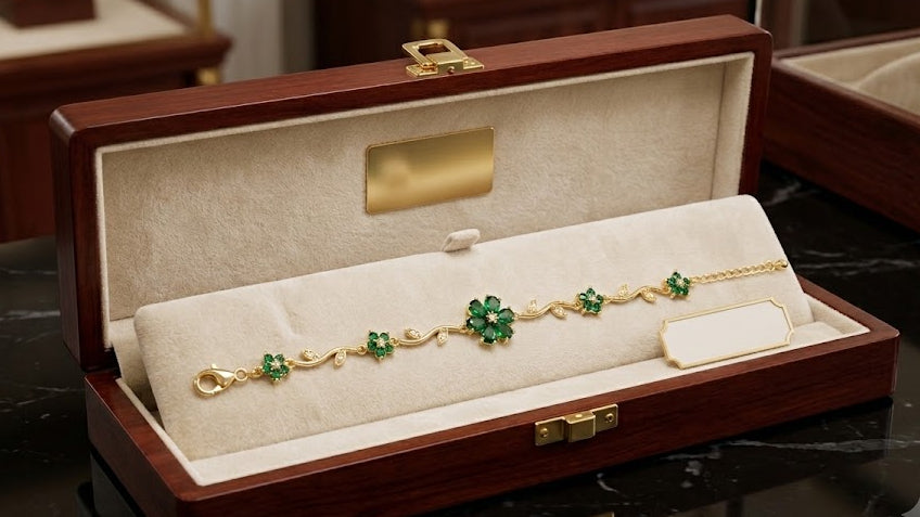 Gold-plated emerald green CZ floral vine bracelet on black velvet showing three graduating flower clusters – AureliaBlends