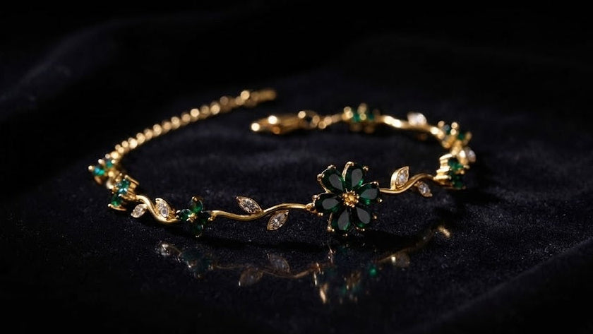 Emerald green flower CZ bracelet displayed in premium wooden velvet-lined gift box on marble surface – AureliaBlends