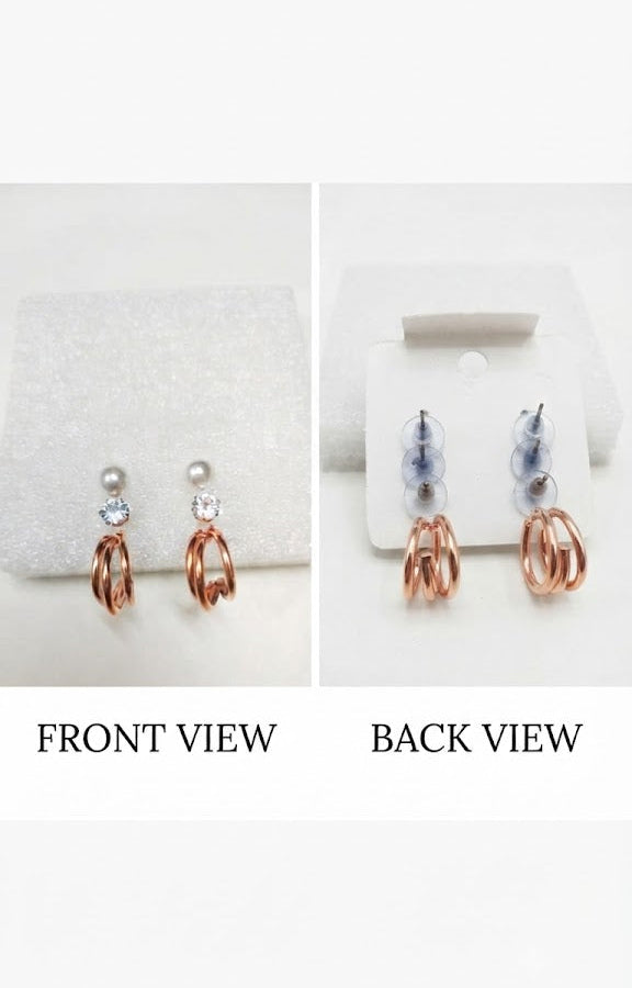 Gold-plated triple hoop earrings, pearl stud earrings and blue crystal stud earrings displayed in a white jewellery box – AureliaBlends curated earring set