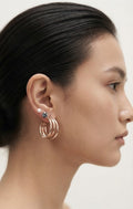3-pair gold earring set in navy blue velvet gift box with rose petals – pearl studs, crystal studs and triple hoop earrings by AureliaBlends