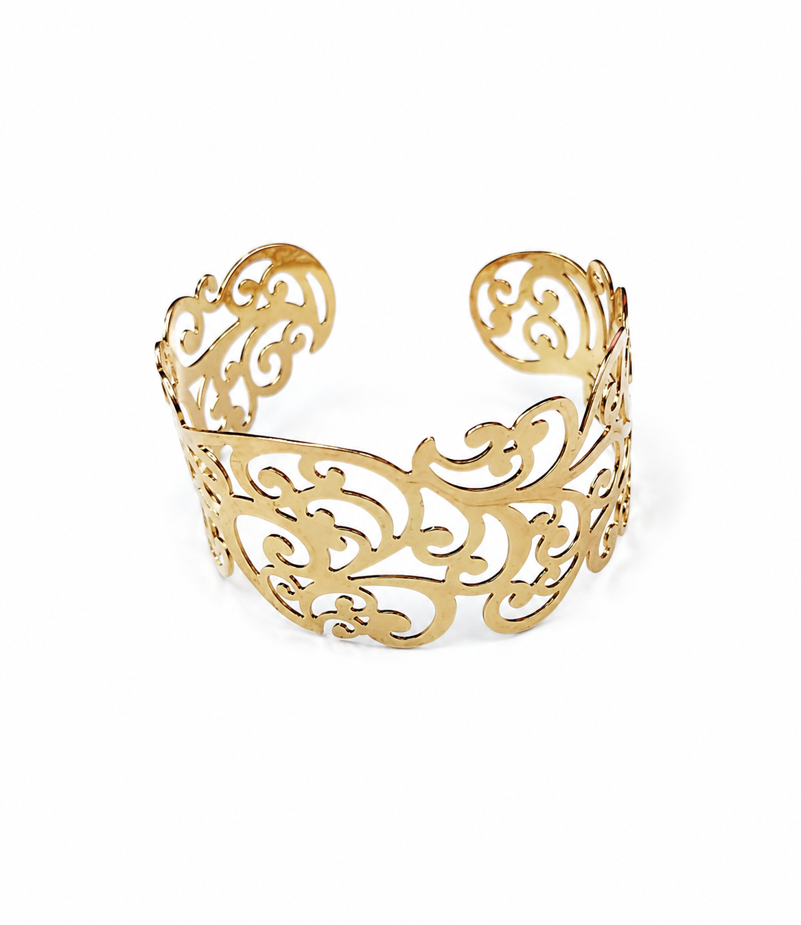 Gold filigree cuff bracelet in cream velvet jewelry box with baby's breath flowers