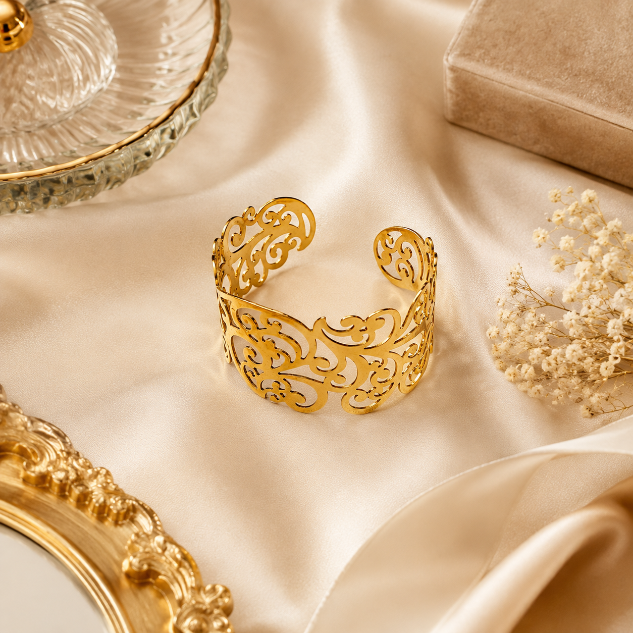Gold filigree wide cuff bracelet on black satin fabric – statement jewelry