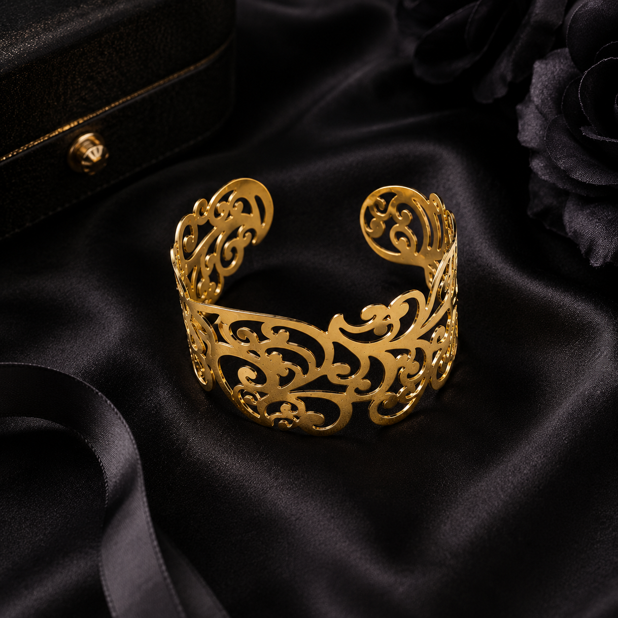 Gold filigree cuff bracelet in luxury jewelry box with roses and perfume