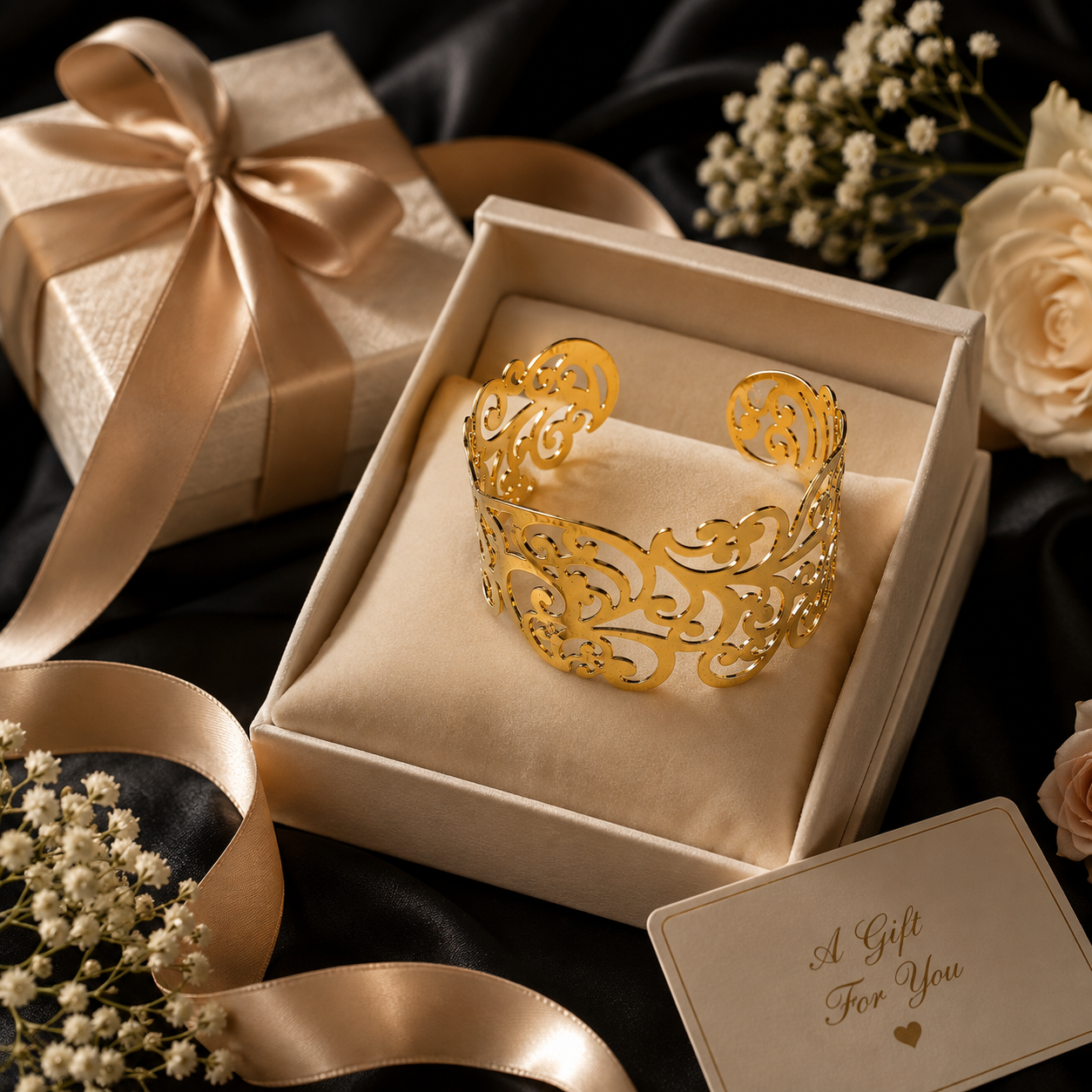 Gold filigree cuff bracelet in maroon luxury jewelry box with pink roses and festive decor