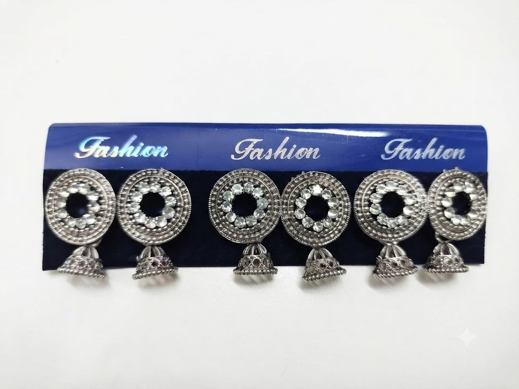 Three pairs of oxidized silver CZ disc jhumka earrings in navy blue velvet gift box with 'With Love' card – AureliaBlends