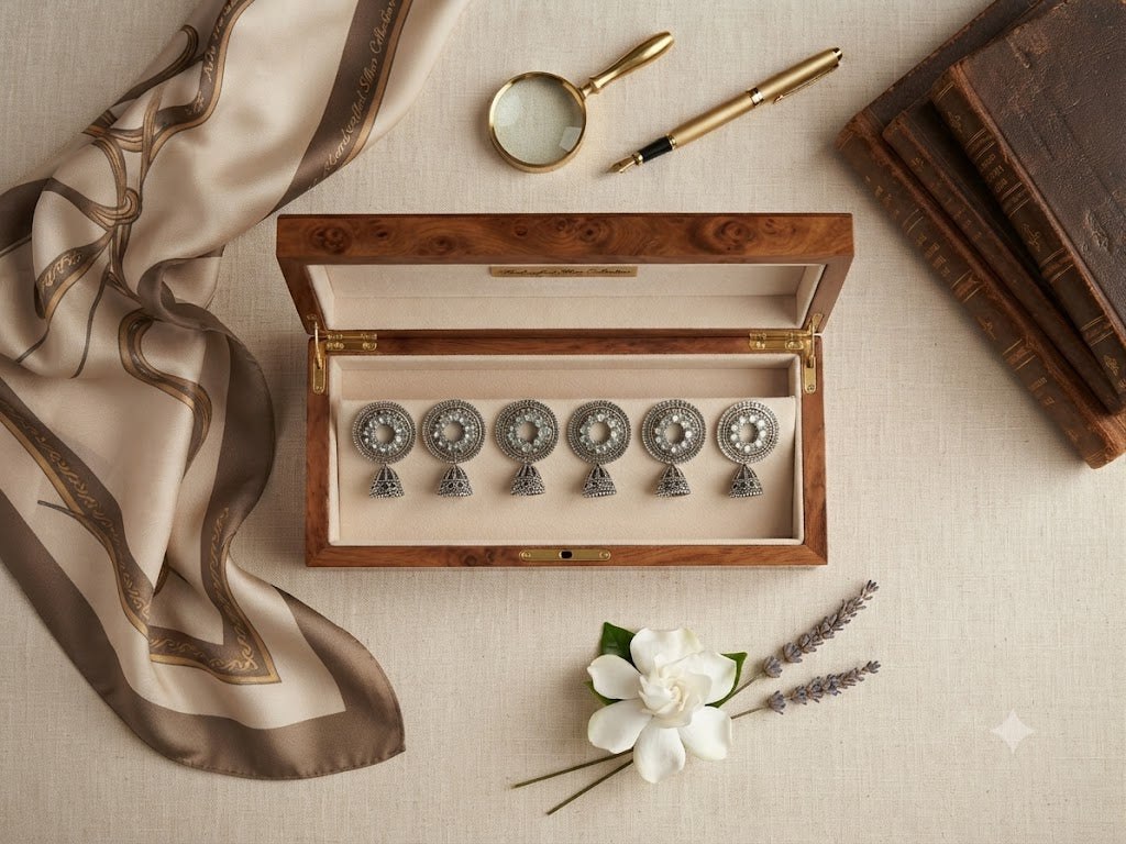 Six oxidized silver CZ disc jhumka earrings displayed in premium wooden jewelry box – handcrafted Indian statement earrings AureliaBlends