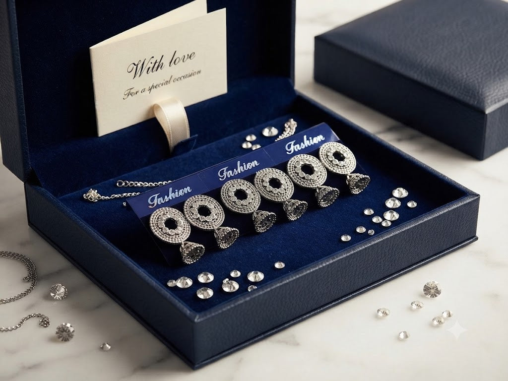 Three pairs of oxidized silver CZ disc jhumka earrings on fashion display card – ethnic dangle earrings for women