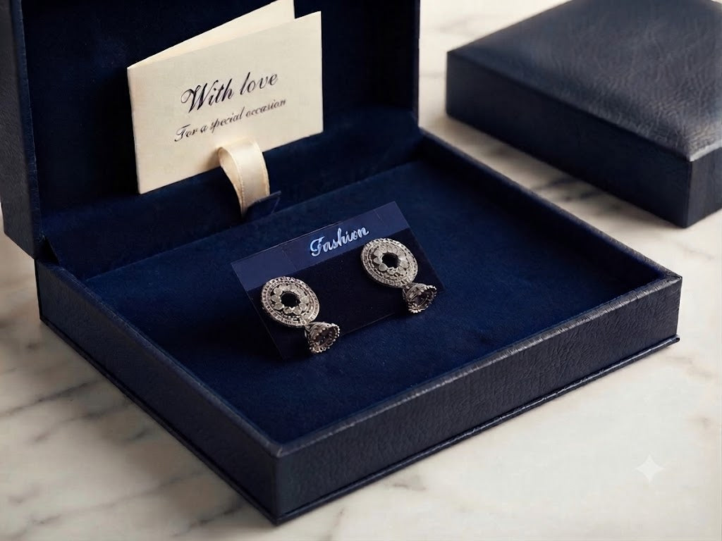 Six oxidized silver CZ disc jhumka earrings in luxury wooden collector's box – bridal jewelry gift set AureliaBlends