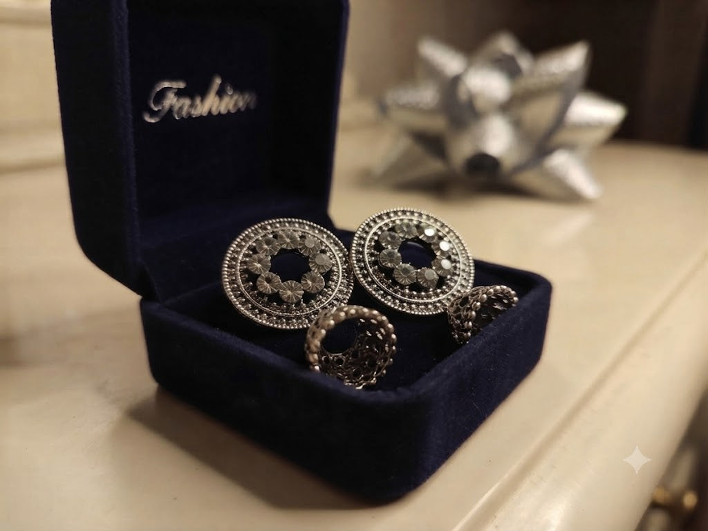 Oxidized silver CZ disc jhumka earrings with ring in navy blue velvet box – Indian crystal statement earrings gift for her
