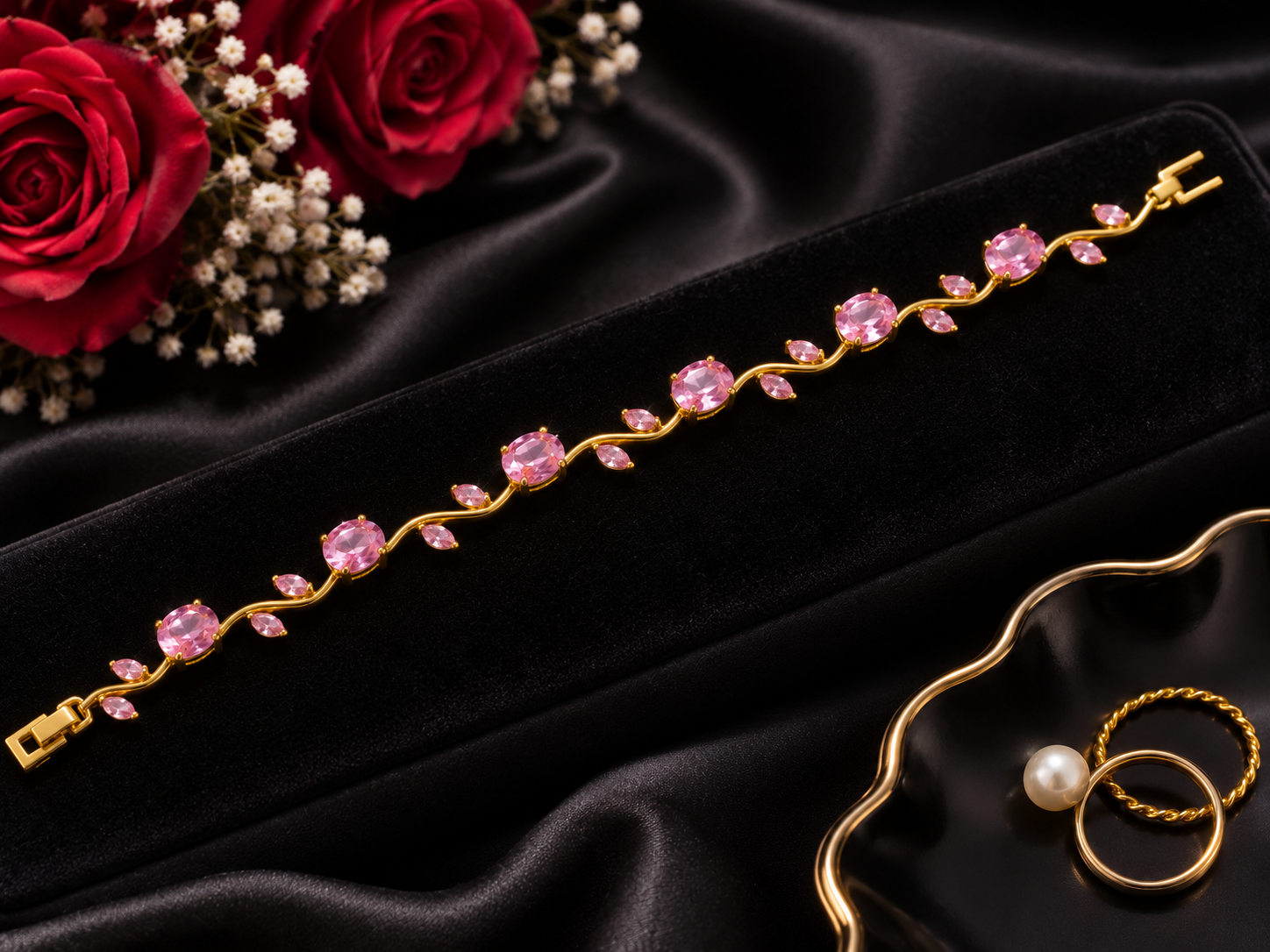 Gold-plated pink CZ floral vine bracelet flat lay on black velvet with red roses and gypsophila – AureliaBlends