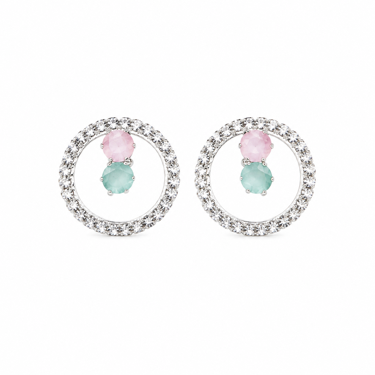 Silver-tone open circle CZ stud earrings with pink and mint teal crystal centre stones on white background – AureliaBlends
