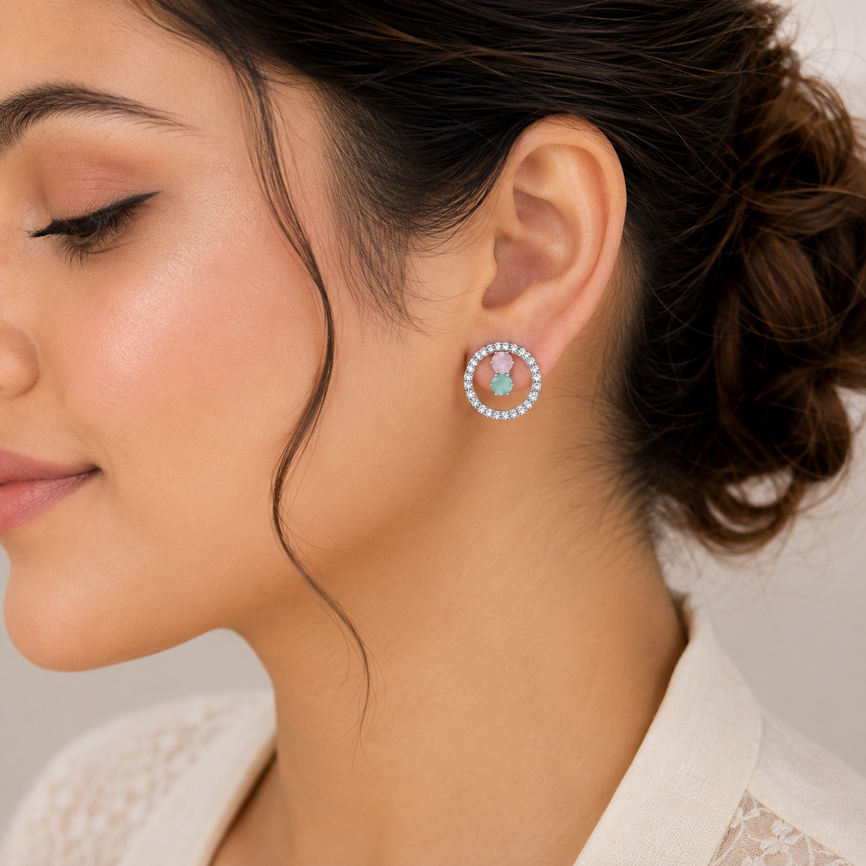 Model wearing silver CZ open circle stud earrings with pink and mint gemstones – AureliaBlends bridal earrings