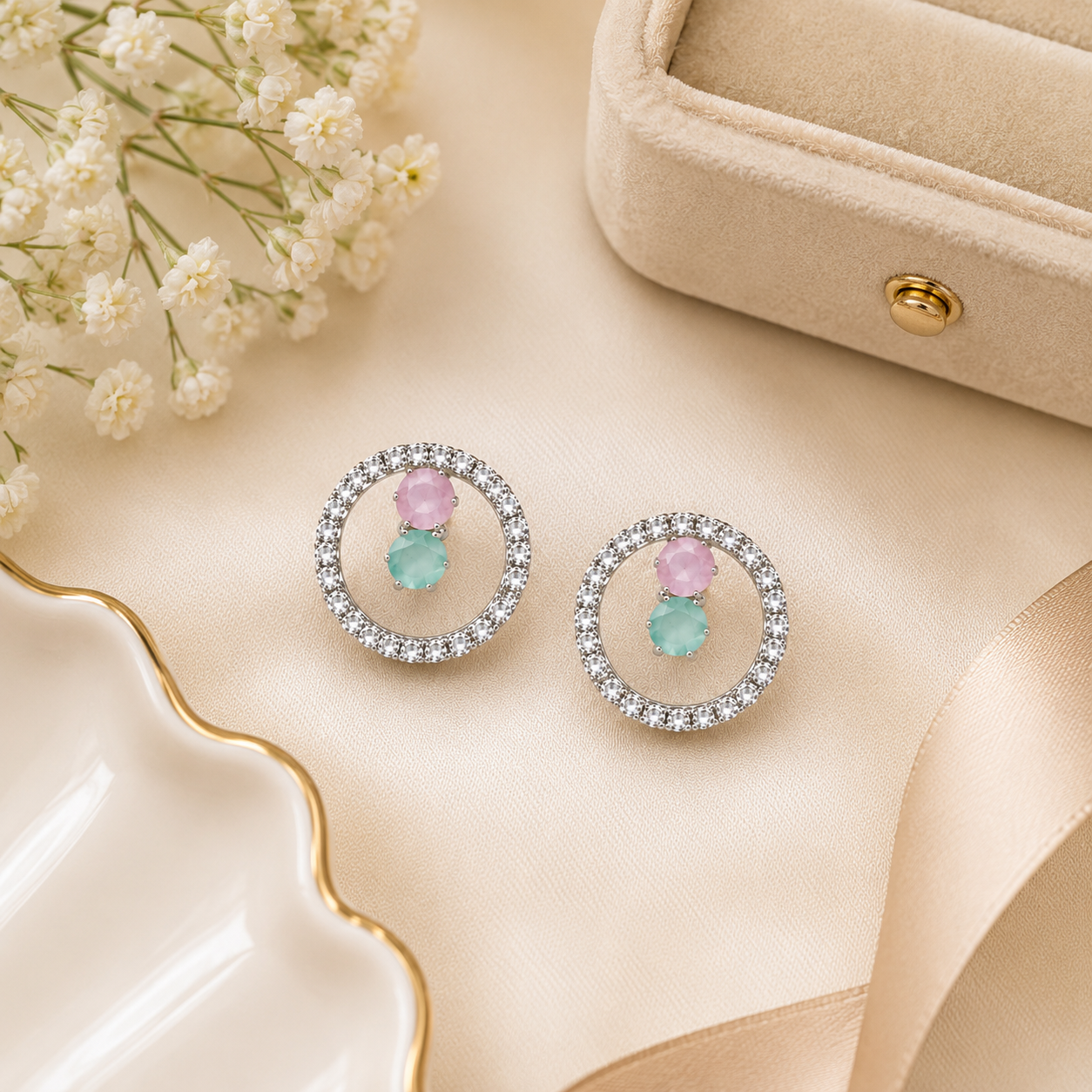 Pink and mint CZ circle stud earrings on cream satin with white gypsophila flowers and velvet jewellery box – AureliaBlends