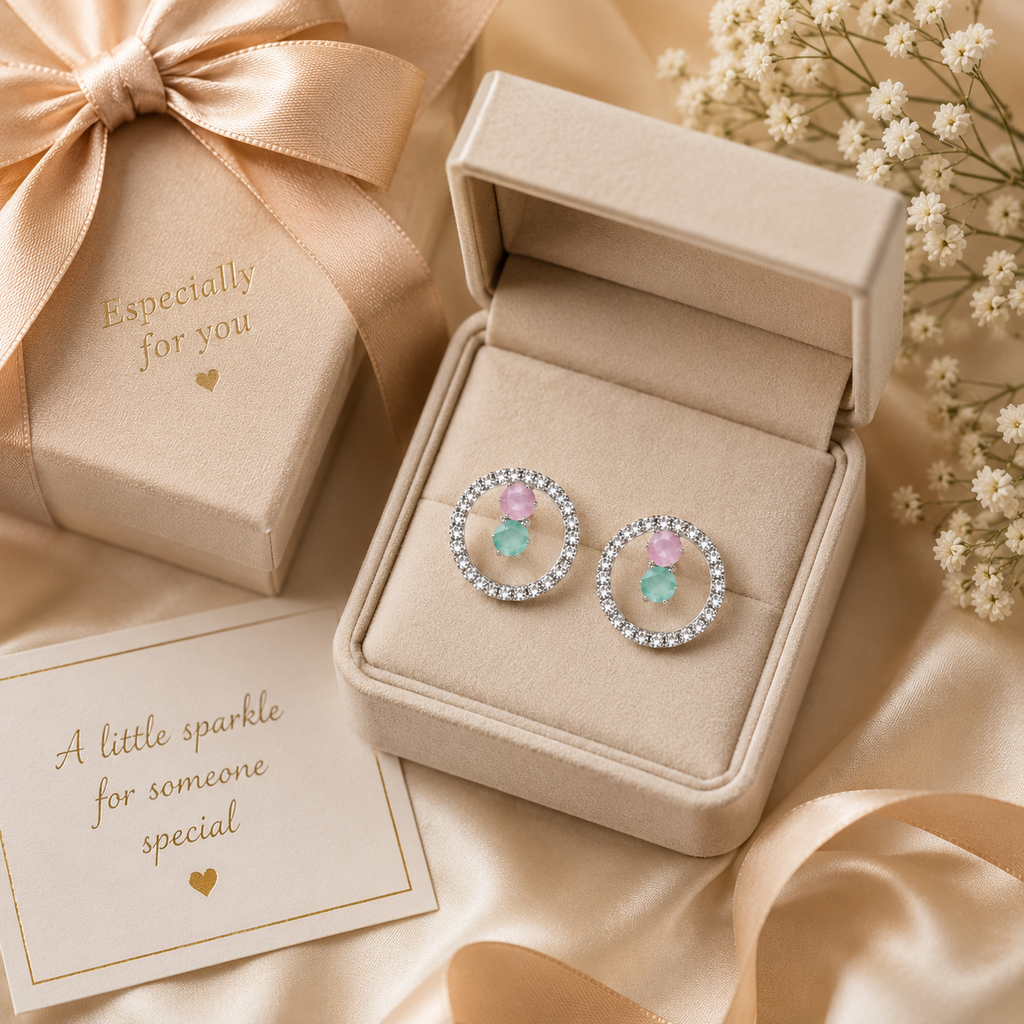 Silver open circle CZ stud earrings with pink and teal crystal stones displayed in open beige velvet jewellery box – AureliaBlends