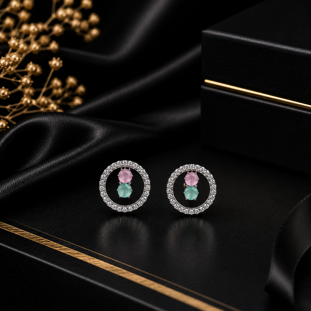 Close-up of silver pavé CZ circle earrings with pink and mint centre stones – AureliaBlends crystal stud earrings gift