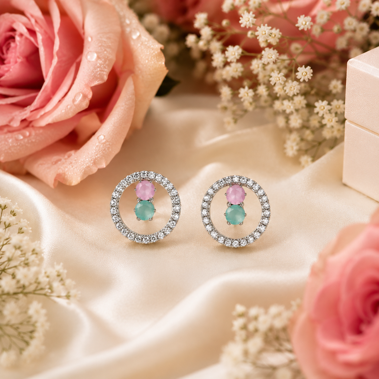 AureliaBlends CZ circle stud earrings with pastel pink and mint crystals lifestyle flat lay on cream background
