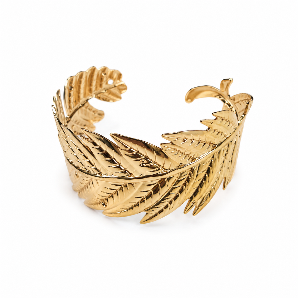 Gold feather wide cuff bracelet on cream satin with dried flowers – AureliaBlends 18K gold plated feather bangle for women