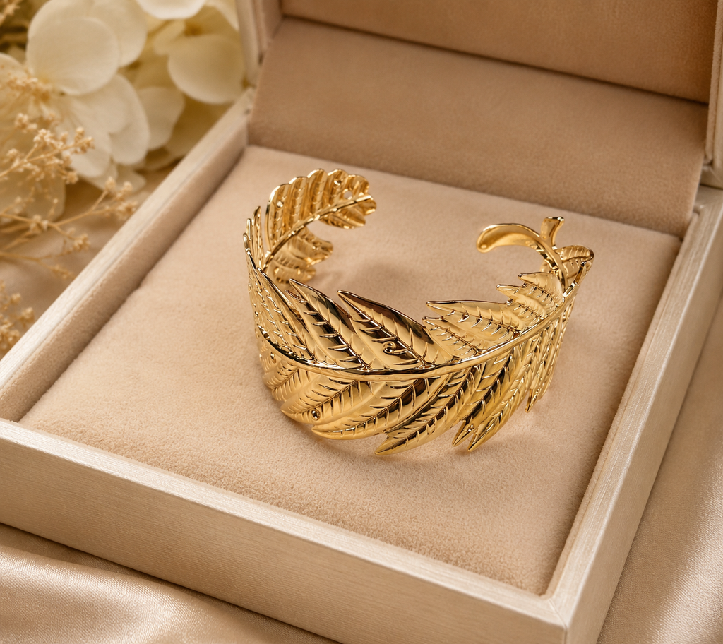 Gold feather cuff bracelet on white silk with pink roses and baby's breath – AureliaBlends bridal statement bangle