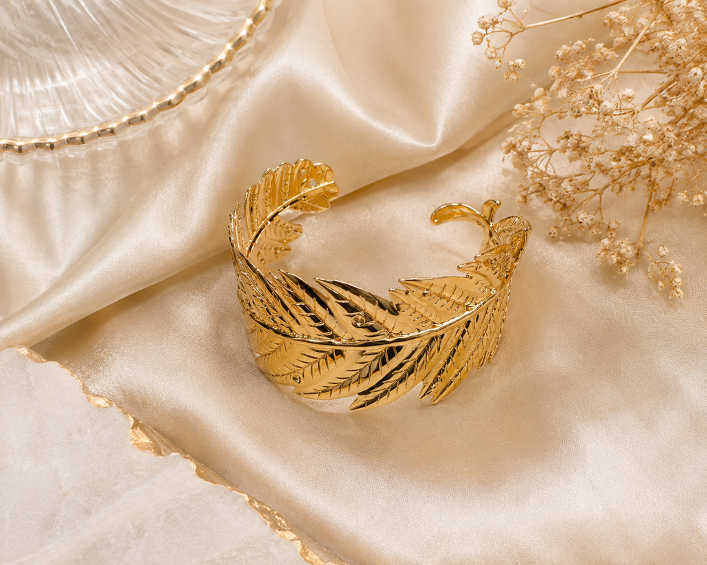 Gold feather cuff bracelet in black luxury gift box with gold ribbon and red roses – AureliaBlends jewelry gift for her