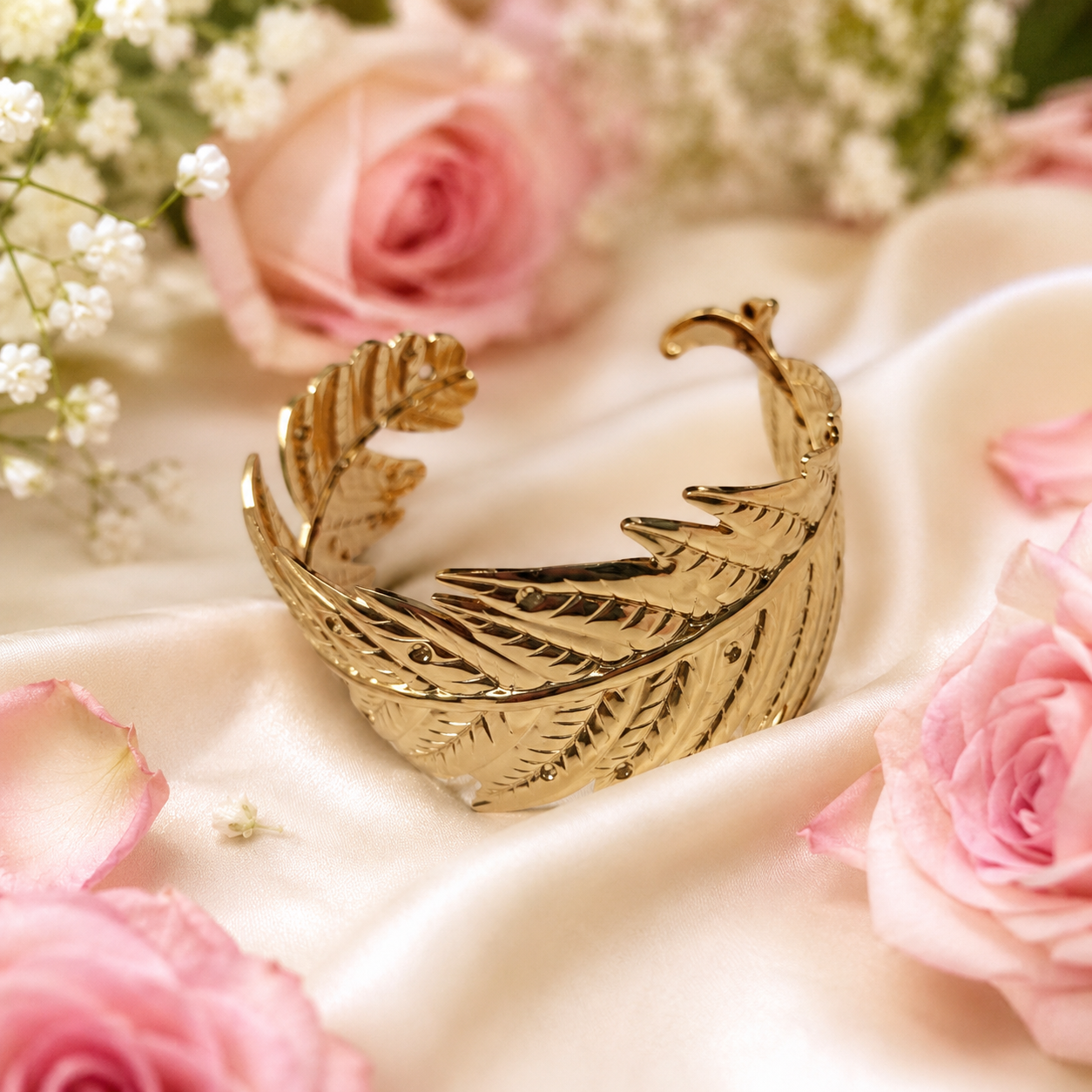 Gold feather wide cuff bracelet on teal velvet jewelry tray with vibrant flowers – AureliaBlends festive statement bracelet