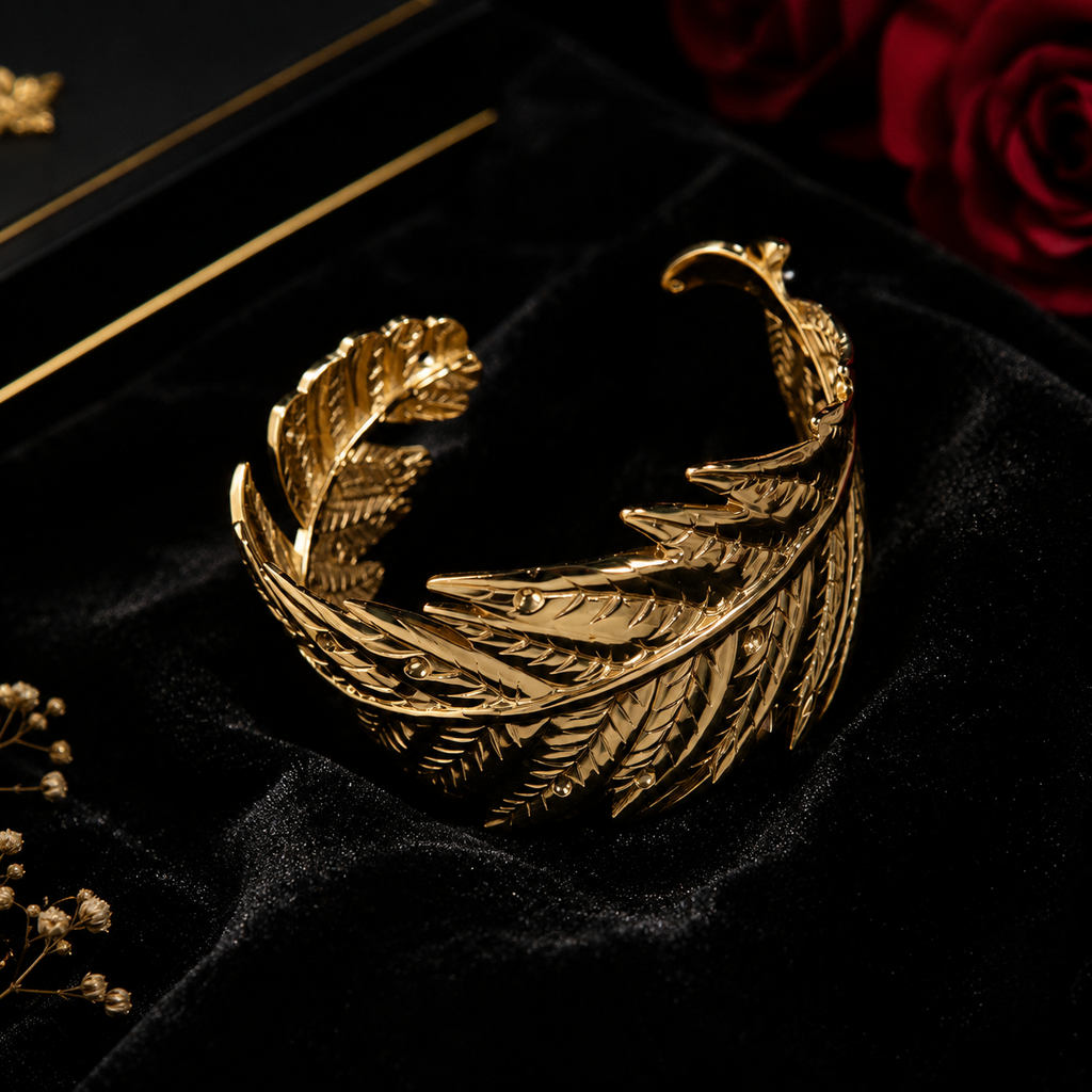 Gold feather cuff bracelet on white background – AureliaBlends 18K gold plated wide feather bangle women