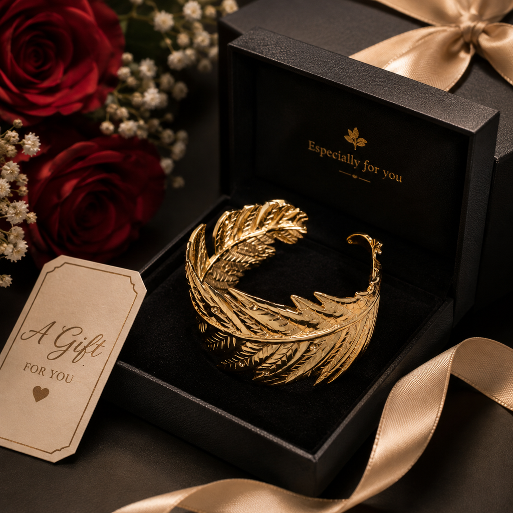 Close-up of gold feather wide cuff bracelet showing engraved barb detailing – AureliaBlends sculptural gold bangle