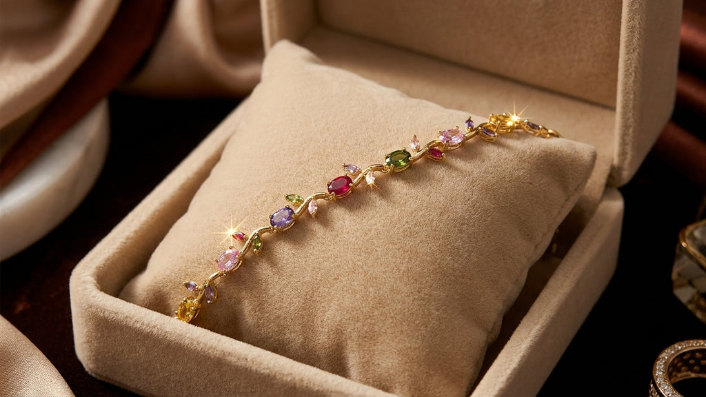 Gold-plated multicolour CZ floral vine bracelet in red velvet gift box with For You With Love tag surrounded by rose petals – AureliaBlends