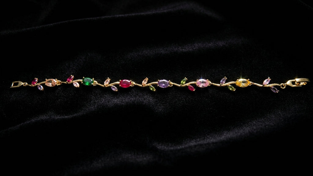 Multicolour CZ oval and marquise floral vine bracelet on black velvet background showing full rainbow gemstone design – AureliaBlends