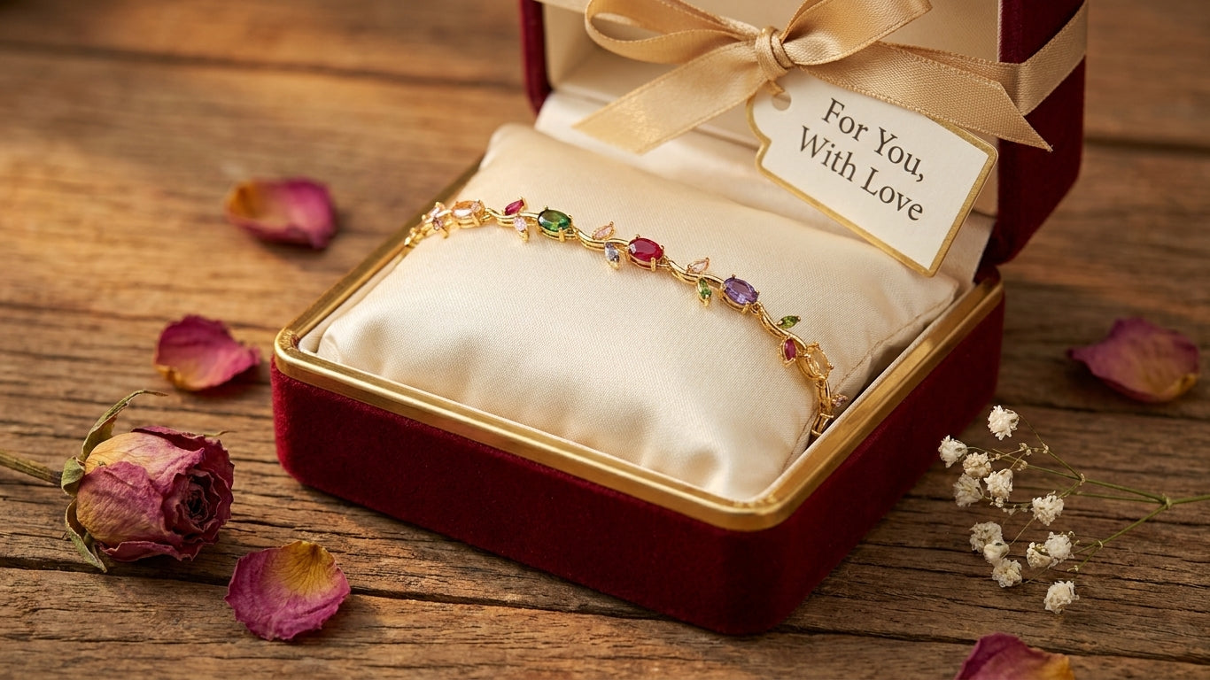 Gold-plated rainbow gemstone CZ floral vine bracelet displayed on beige velvet jewelry pillow in luxury box – AureliaBlends