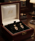 Gold bow crystal drop earrings in cream velvet box surrounded by dusty pink roses and hydrangeas with 'For You With Love' gift card – AureliaBlends romantic bridal earrings