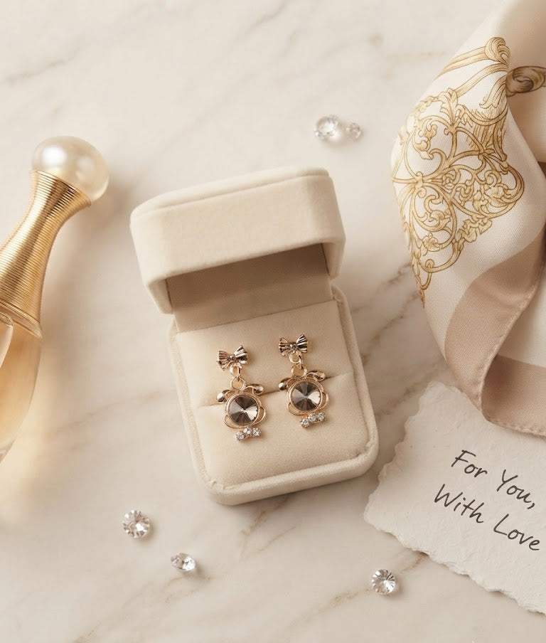 Gold bow and smoky crystal drop earrings flat lay on white marble with perfume bottle, silk scarf and dried flowers – AureliaBlends statement earrings