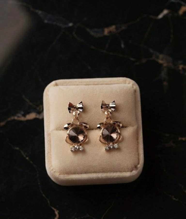 AureliaBlends gold bow crystal drop earrings in velvet gift box with roses and hydrangeas – romantic bridal jewellery gift set