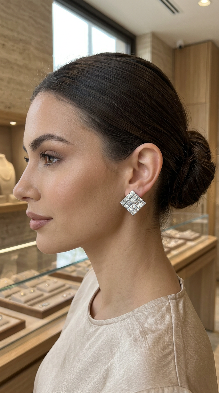 A woman in profile wearing a sparkling square diamond stud earring in a jewelry store.