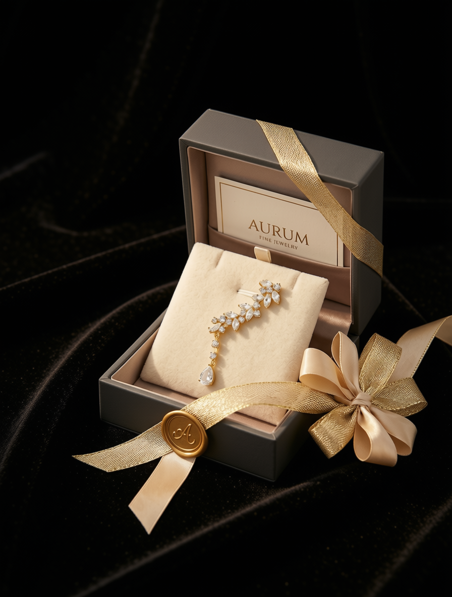 A gold and crystal floral branch brooch displayed on a cream velvet jewelry cushion inside an open dark gray Aurum London gift box, accented with a gold ribbon and wax seal on a black velvet background.