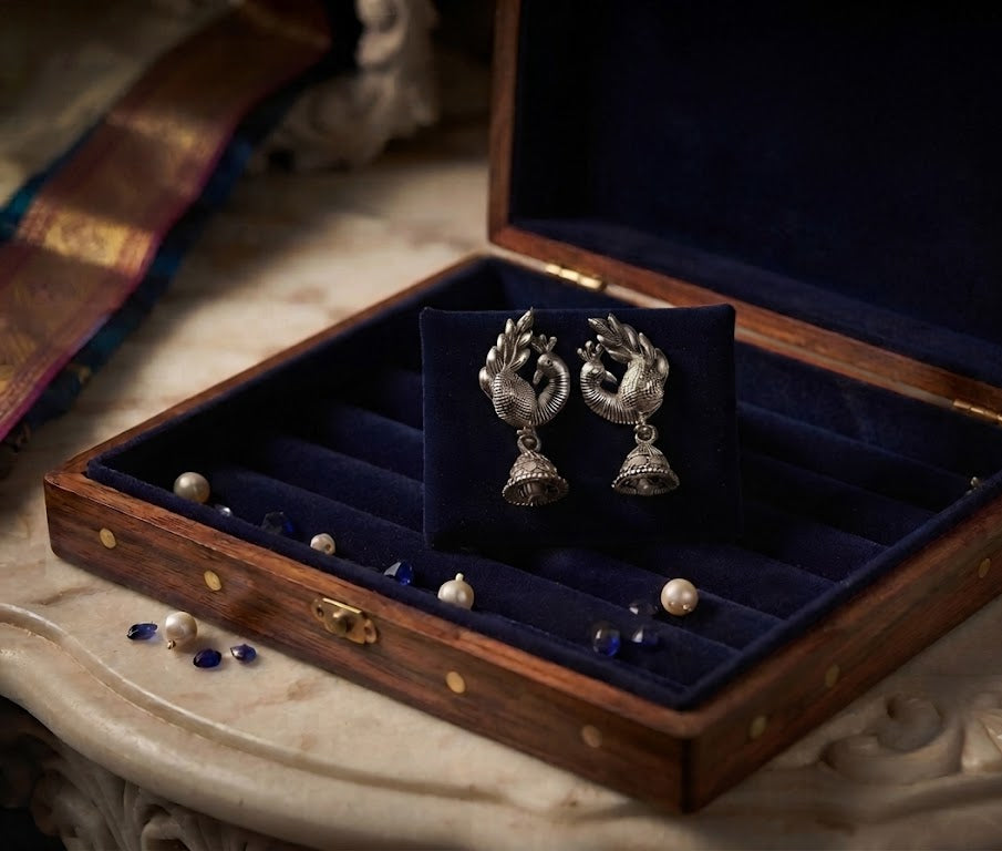 Oxidized silver peacock jhumka earrings in luxury wooden jewelry box with navy blue velvet lining, pearls and sapphires – AureliaBlends gift