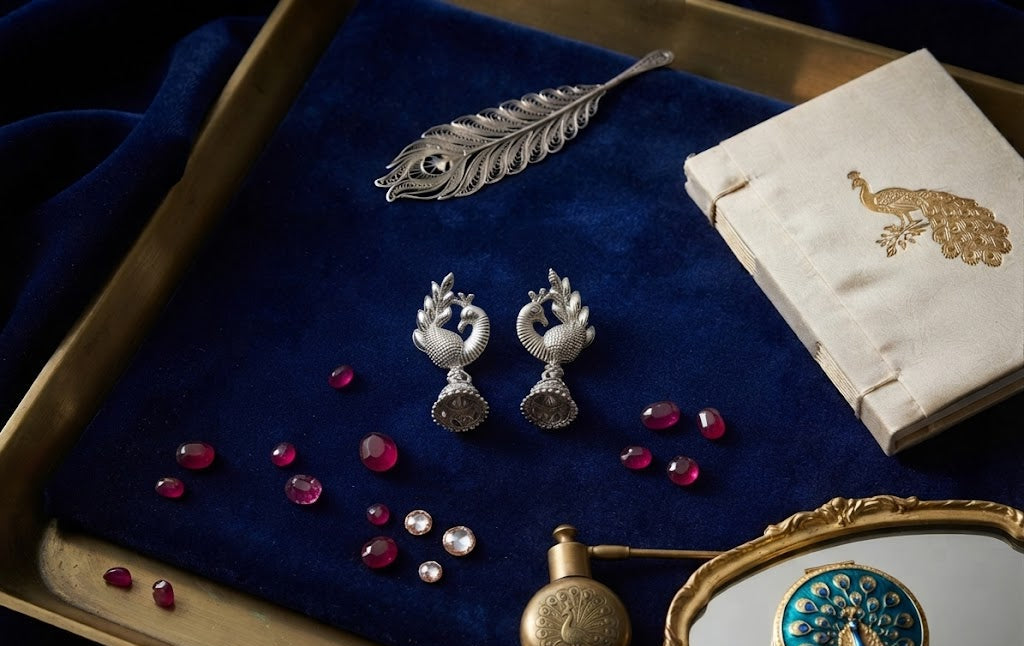 Oxidized silver peacock jhumka earrings on navy blue velvet tray with ruby gemstones, peacock feather bookmark and vintage mirror – AureliaBlends