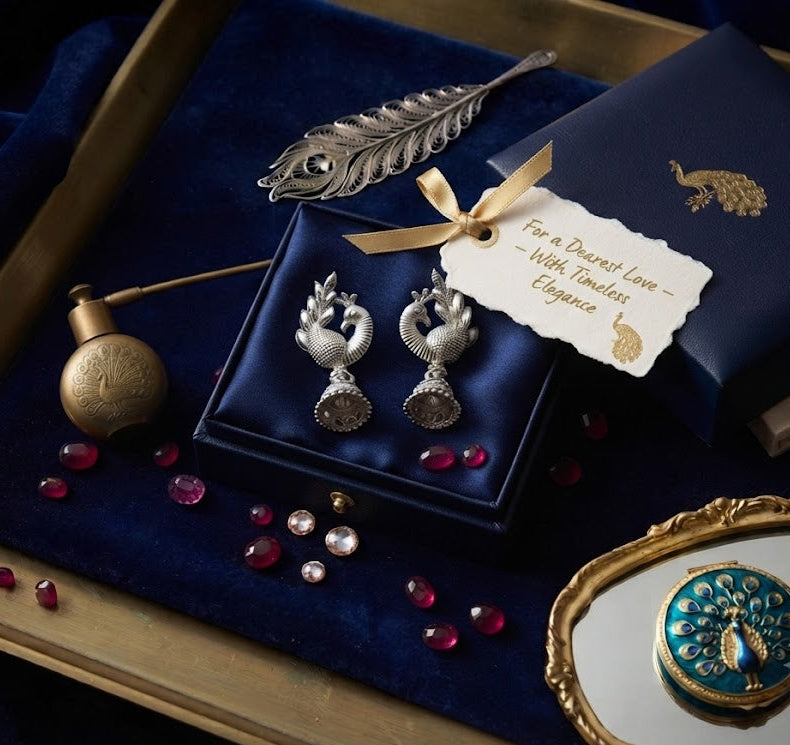 Oxidized silver peacock jhumka earrings in navy blue satin gift box with gold ribbon and 'For a Dearest Love' gift tag – luxury gift for her AureliaBlends