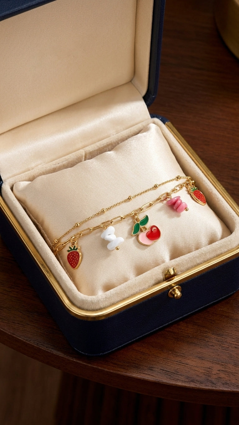 Gold-plated double layer strawberry cherry enamel charm anklet flat lay on pink marble with fresh cherries, strawberries and eucalyptus – AureliaBlends