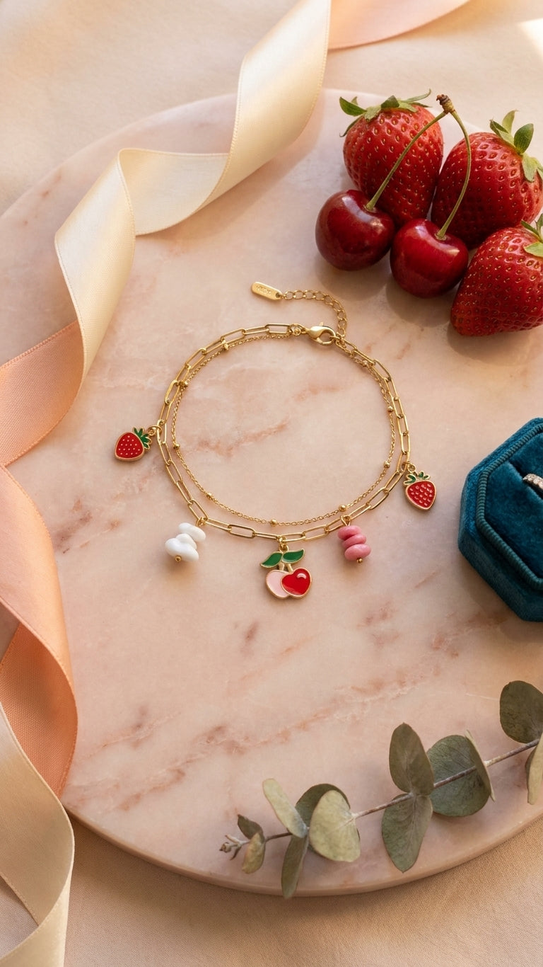 Gold double layer fruit charm anklet displayed in navy velvet-lined luxury gift box on wooden surface – AureliaBlends