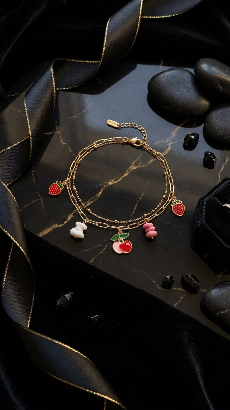 Gold-plated double layer strawberry cherry enamel charm anklet on white background showing full paperclip and cable chain design – AureliaBlends