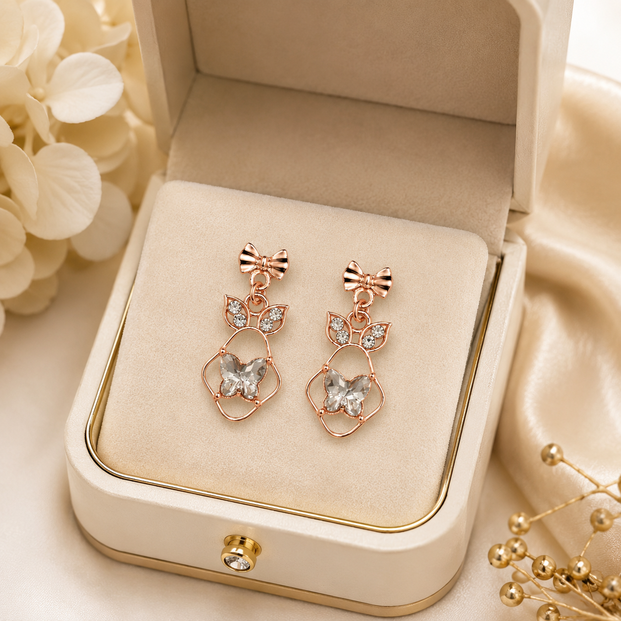 Rose gold bow and butterfly crystal drop earrings flat lay on cream satin with gypsophila and For You With Love gift card – AureliaBlends