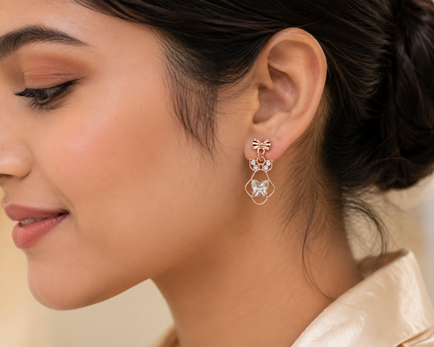 Rose gold butterfly drop earrings in open beige velvet gift box with Especially For You lid and satin ribbon – AureliaBlends luxury earrings