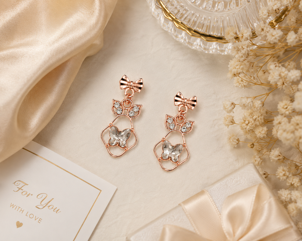 Rose gold bow butterfly CZ dangle earrings in pink velvet gift box with pink roses and Especially For You gift tag – AureliaBlends bridal gift