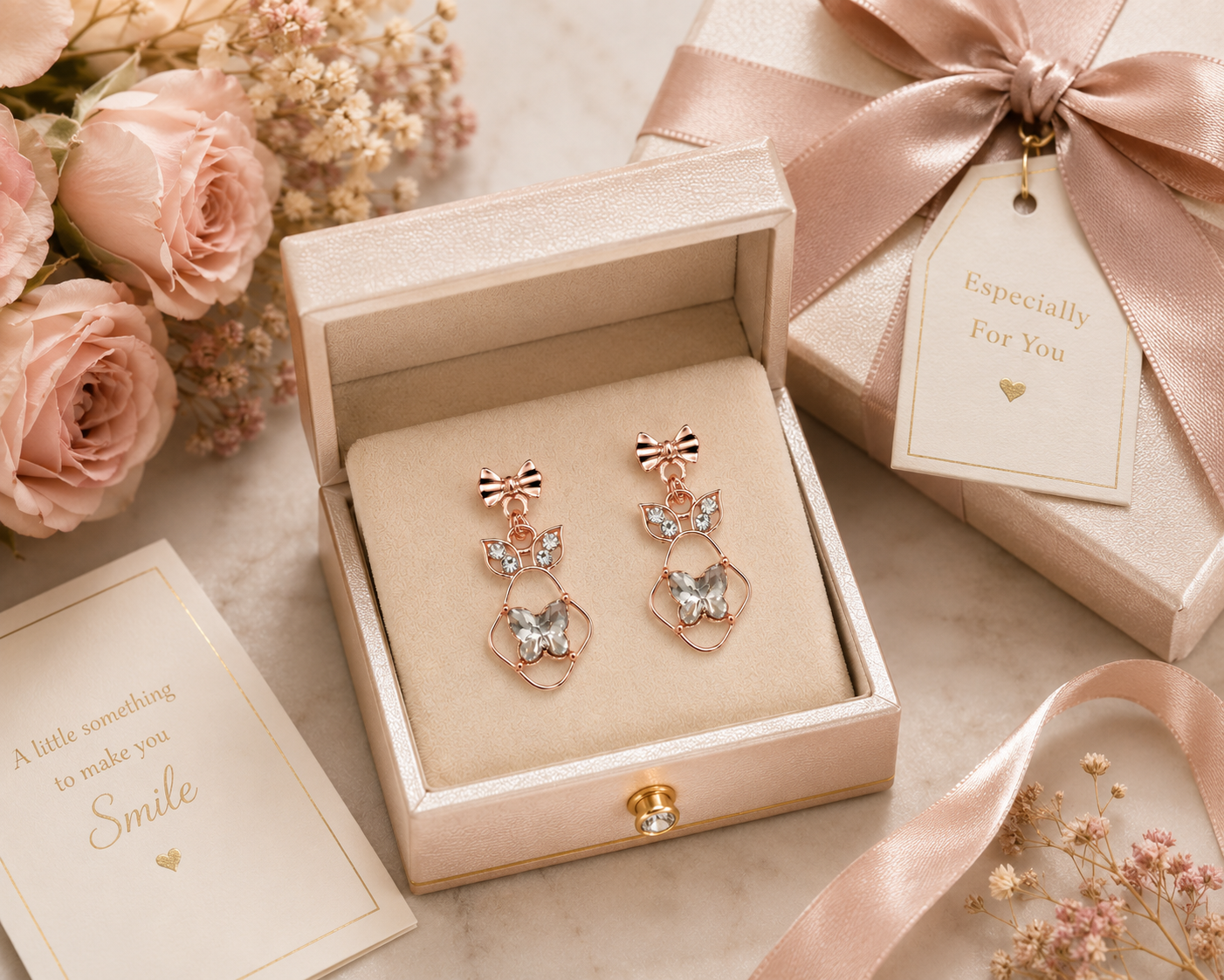 Rose gold bow and butterfly CZ drop earrings on pink envelope with pink roses and baby’s breath – AureliaBlends romantic bridal earrings