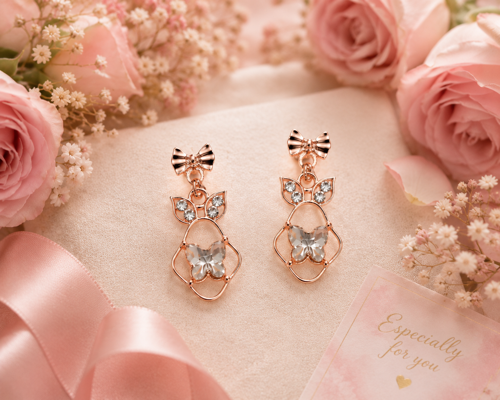 AureliaBlends rose gold butterfly drop earrings lifestyle flat lay with cream satin, dried flowers and gift card