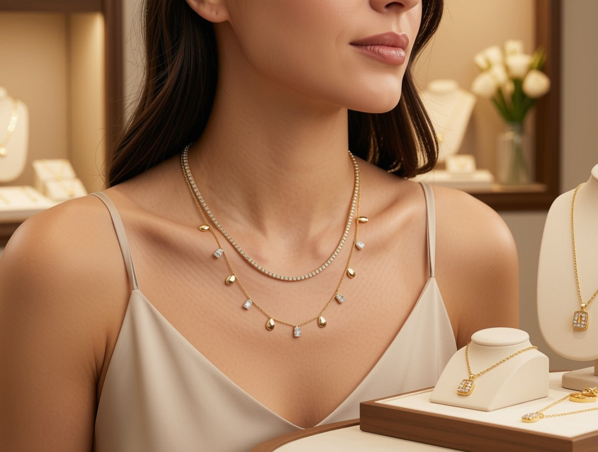 A close-up lifestyle shot of a woman wearing a layered gold necklace set in a warm, elegant jewelry store. The necklace features a delicate pearl strand, a fine gold chain with small gold and white stones, and a longer chain with gold leaf-like drops.