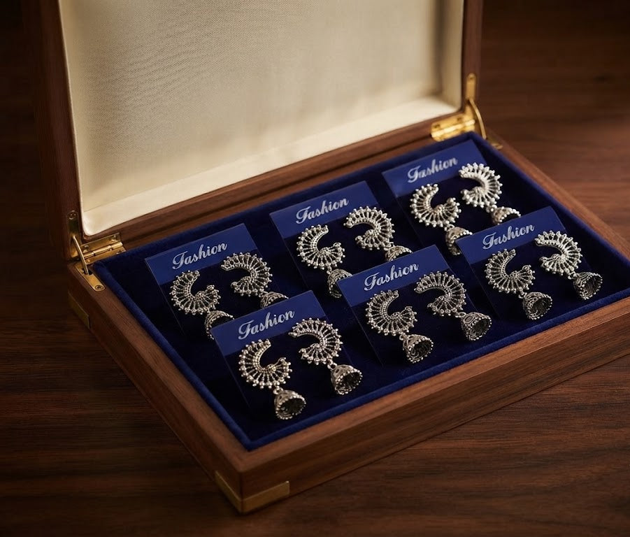 Oxidized silver crescent peacock jhumka earrings collector's set in luxury wooden box with navy blue velvet lining – AureliaBlends gift set
