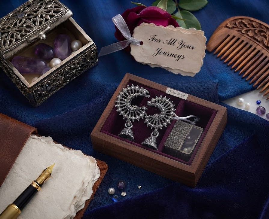 Oxidized silver crescent peacock jhumka earrings in wooden gift box with purple velvet lining and 'For All Your Journeys' gift tag – luxury gift for her AureliaBlends